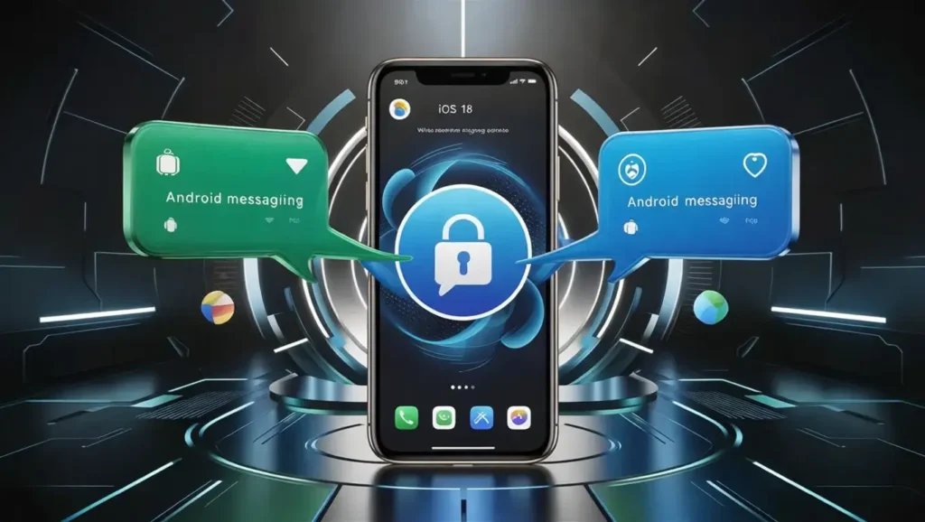 An illustration showing an unlocked padlock in front of a smartphone with RCS text messages visible on the screen. The concept visually emphasizes the lack of end-to-end encryption in the RCS messaging protocol, with the lock highlighted in red for urgency