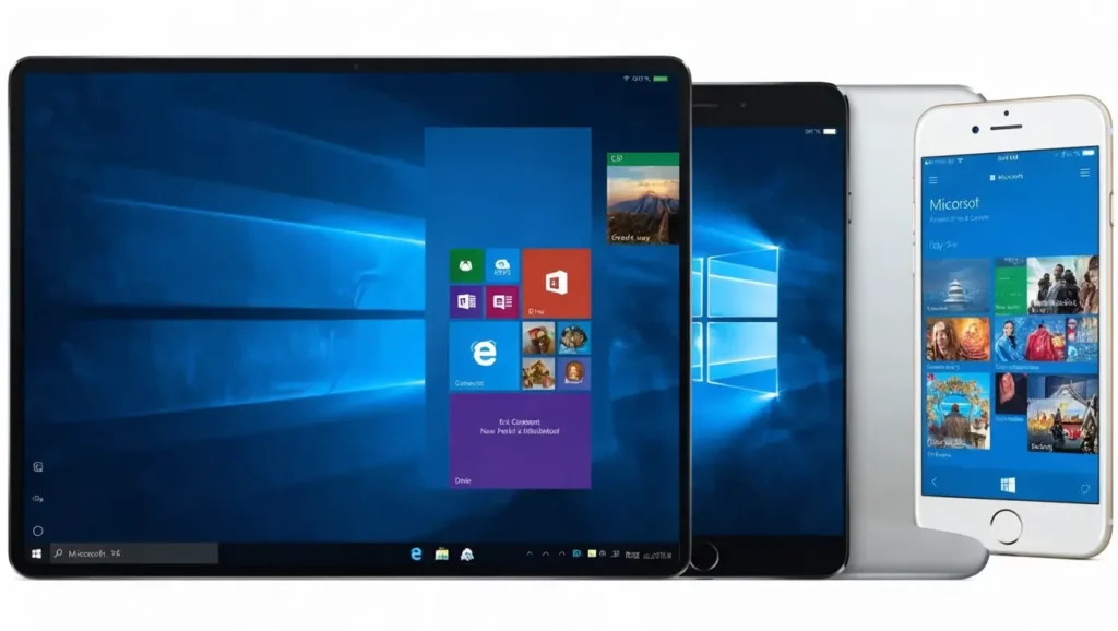 Illustration of Microsoft New Windows App connecting iPhones, Macs, and Androids with a unified interface, highlighting cross-platform compatibility and cloud-based access.